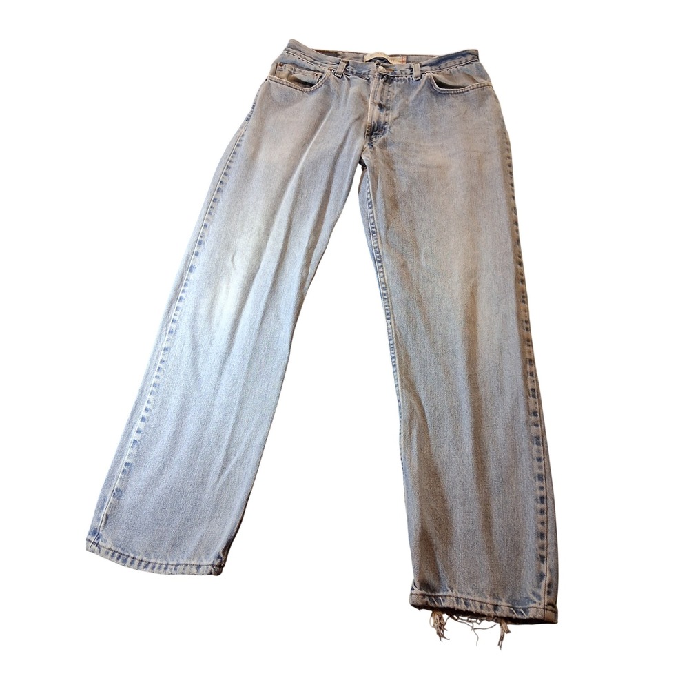 Levis 505 Regular Fit Light Wash Blue Denim Jeans Mens 36x32 Distressed Hem